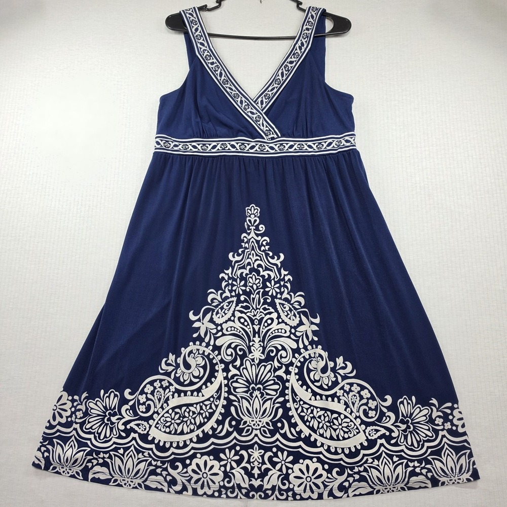 Apt 9 Navy Blue Paisley Damask Print Empire Waist Tank Dress Size L Boho Summer